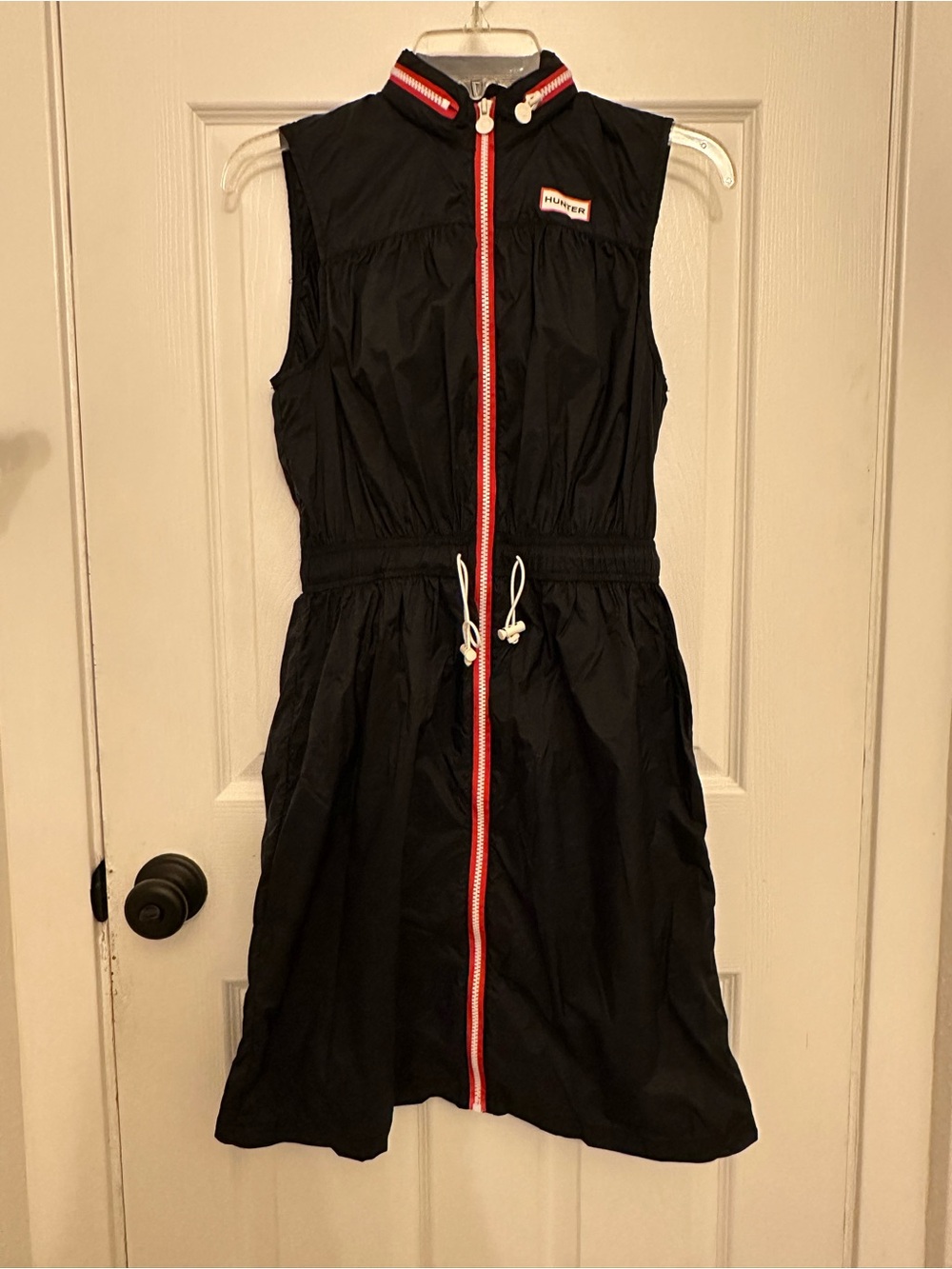 Hunter Black Dress with Red and White Zip Trim & hidden hood